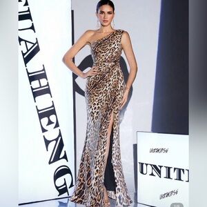 SHEIN Size L Tan One-Shoulder Leopard Sequin High Slit Zipper Back Maxi Dress